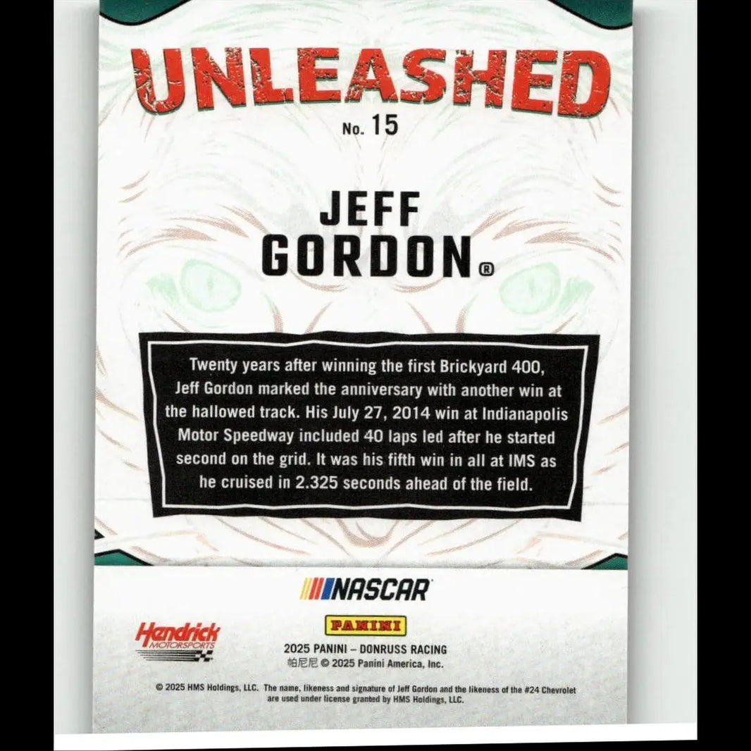 White and green nascar trading card featuring jeff gordon with red unleashed series title for 2025 donruss gordon unleashed