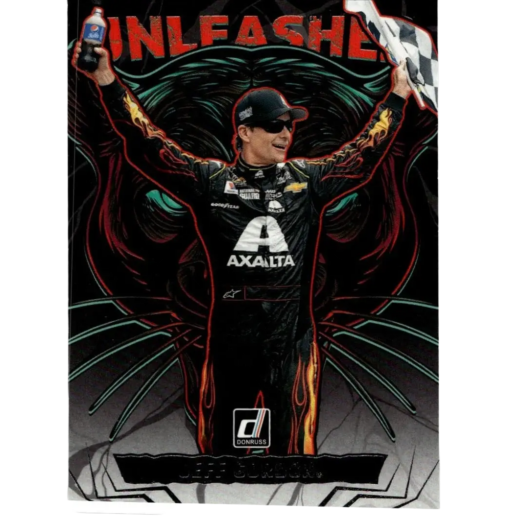 Black racing suit with red and yellow flame accents and axalta branding from the 2025 donruss jeff gordon unleashed