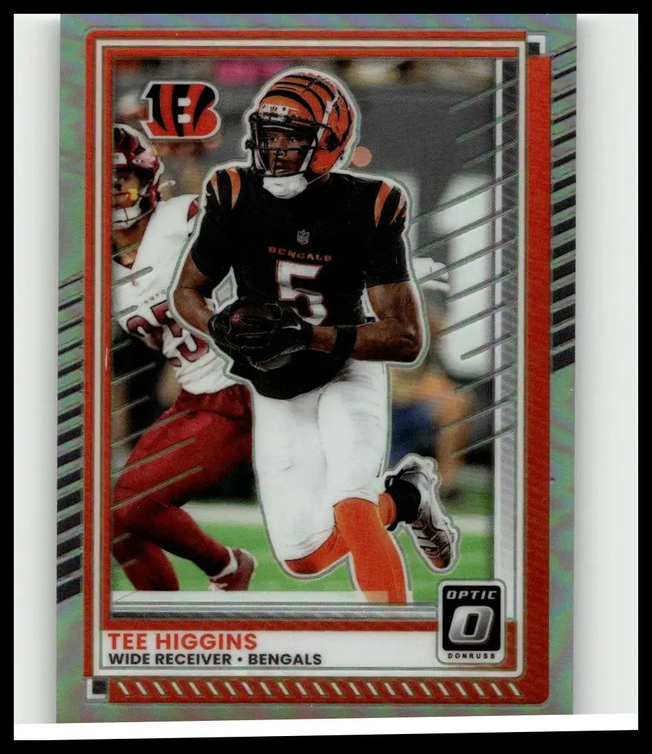 2025 donruss optic 0 trading card featuring tee higgins in orange and black bengals uniform for toys and games