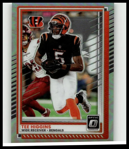 2025 donruss optic 0 trading card featuring tee higgins in orange and black bengals uniform for toys and games