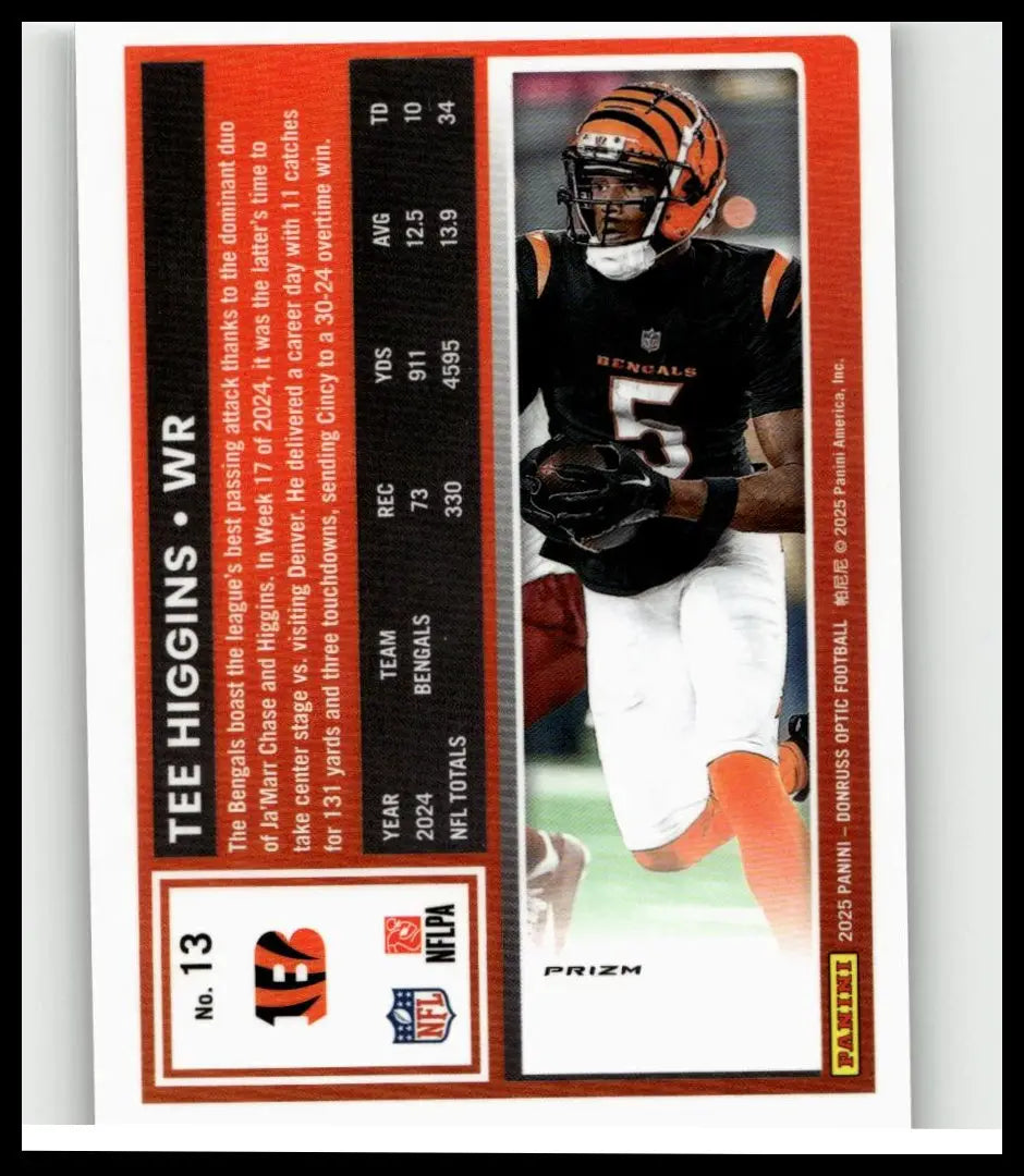 This is a 2025 panini prizm football trading card featuring tee higgins in cincinnati bengals uniform number 13 for toys and games