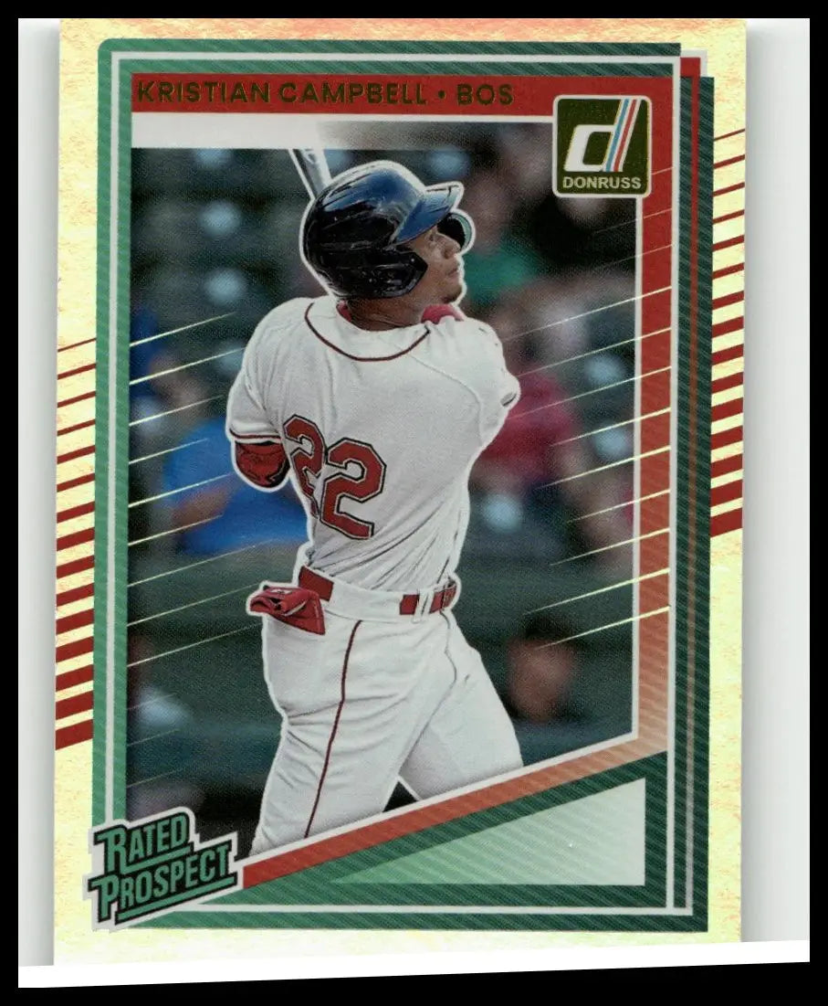 A 2025 donruss baseball trading card featuring kristian campbell in a white red sox uniform holding a bat with number 22
