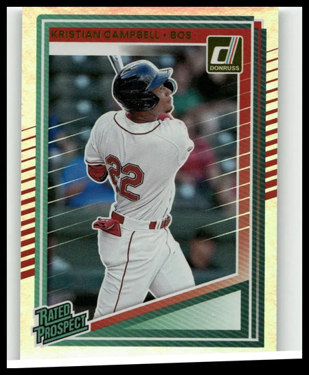 A 2025 donruss baseball trading card featuring kristian campbell in a white red sox uniform holding a bat with number 22