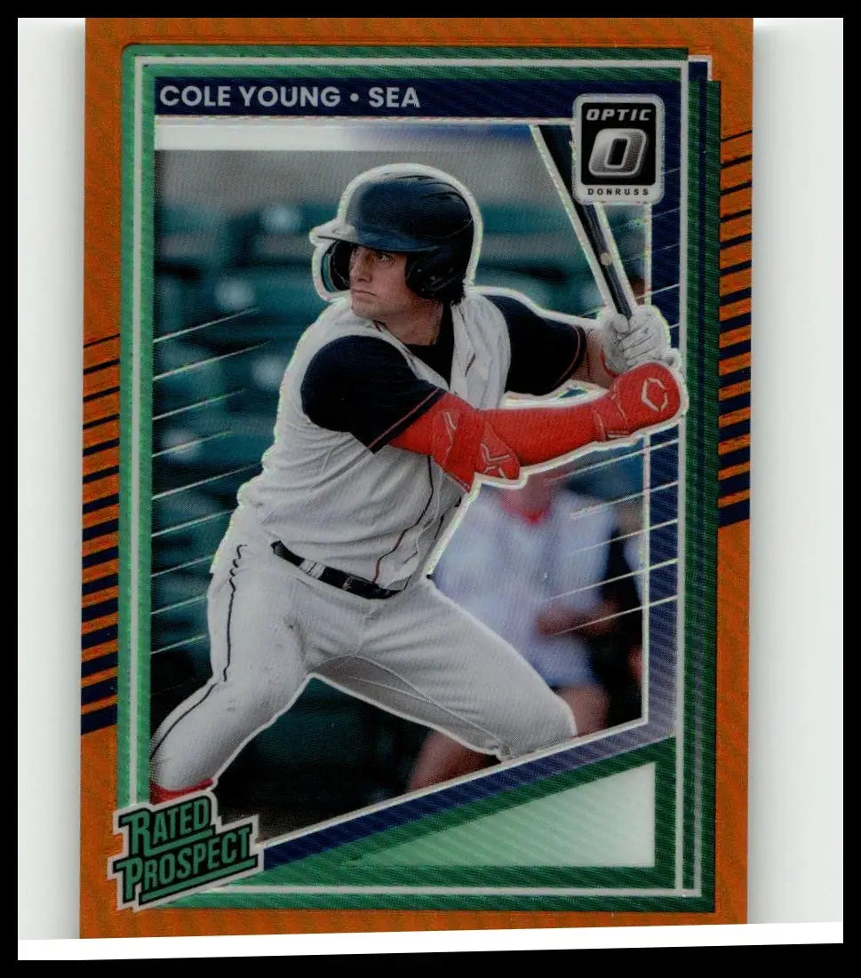 Orange and green bordered 2025 donruss cole young optic orange baseball trading card featuring cole young in white uniform