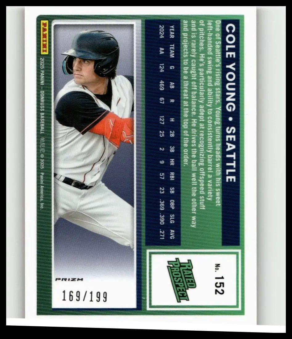 Green-bordered 2025 panini donruss cole young optic orange baseball card #152 rated prospect serial numbered out of 199