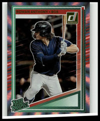Roman anthony laser baseball card 2025 donruss #155 featuring player in navy blue jersey holding a bat