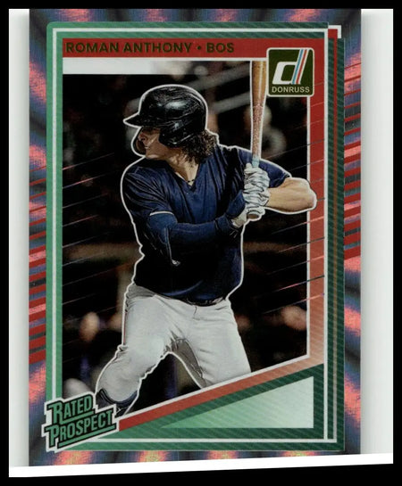 Roman anthony laser baseball card 2025 donruss #155 featuring player in navy blue jersey holding a bat