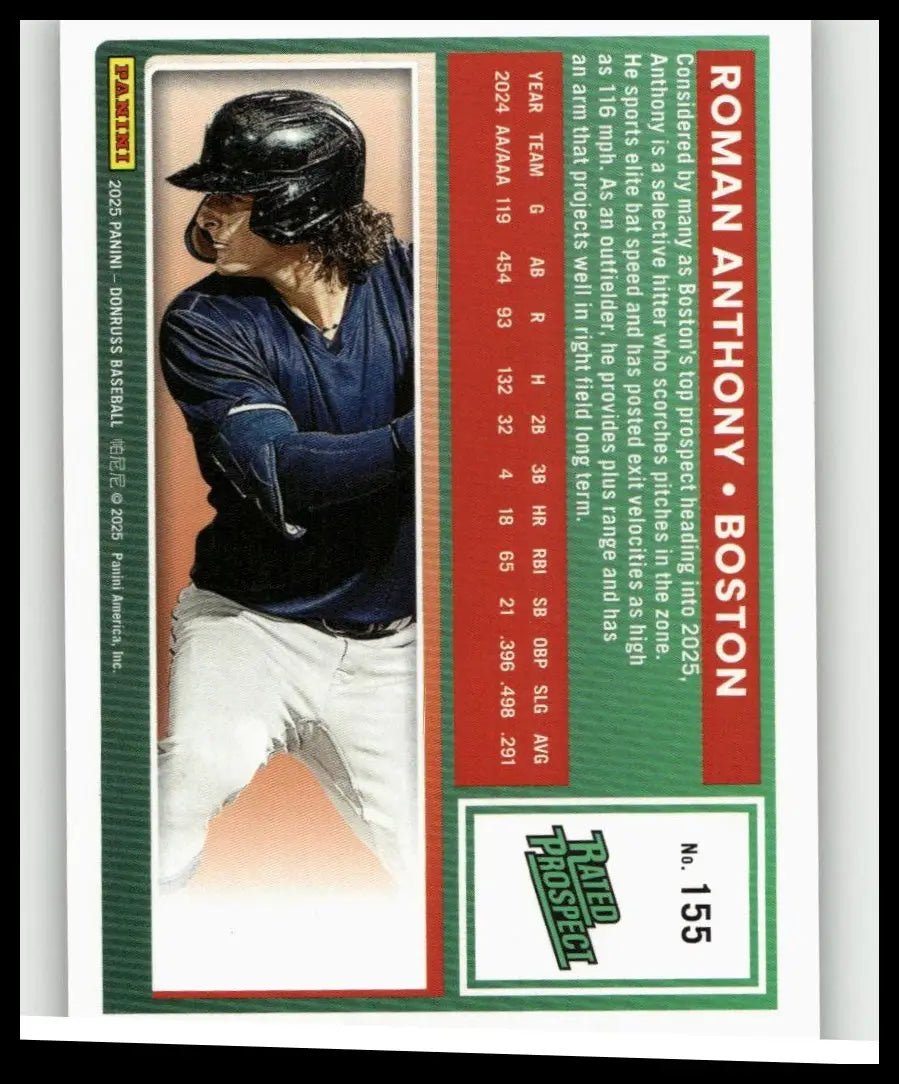 Black helmet worn by roman anthony boston baseball player featured in 2025 donruss 155 roman anthony laser