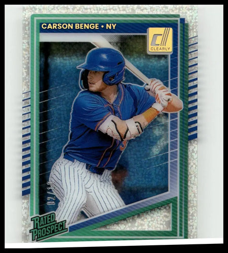 Blue 2025 donruss baseball card featuring carson benge rockets in batting stance with pinstriped pants and helmet