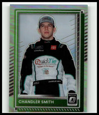 Green holographic border sports trading card featuring nascar driver Chandler Smith in black white and teal suit from 2025 Donruss #17 Chandler Smith Optic Holo