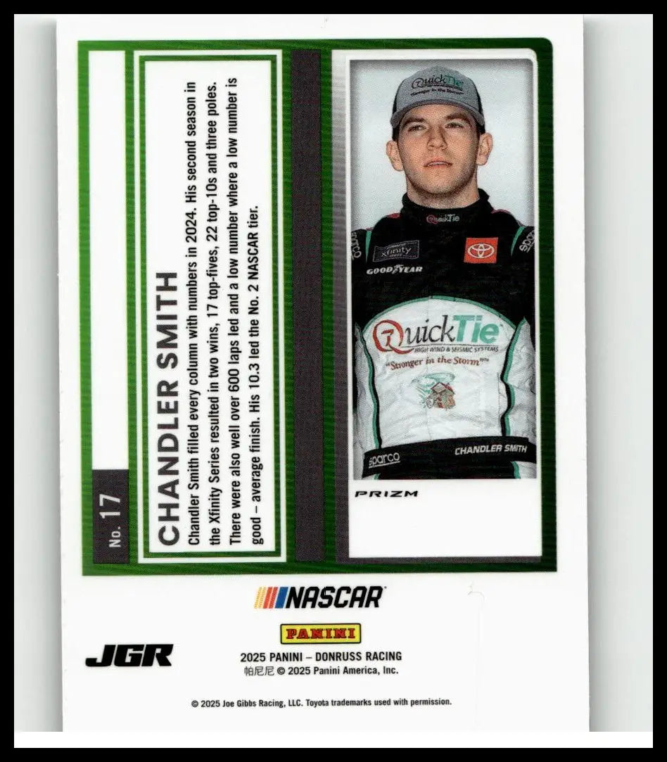 2025 Donruss #17 Chandler Smith optic holo trading card featuring driver in black white suit with green accents and gray cap