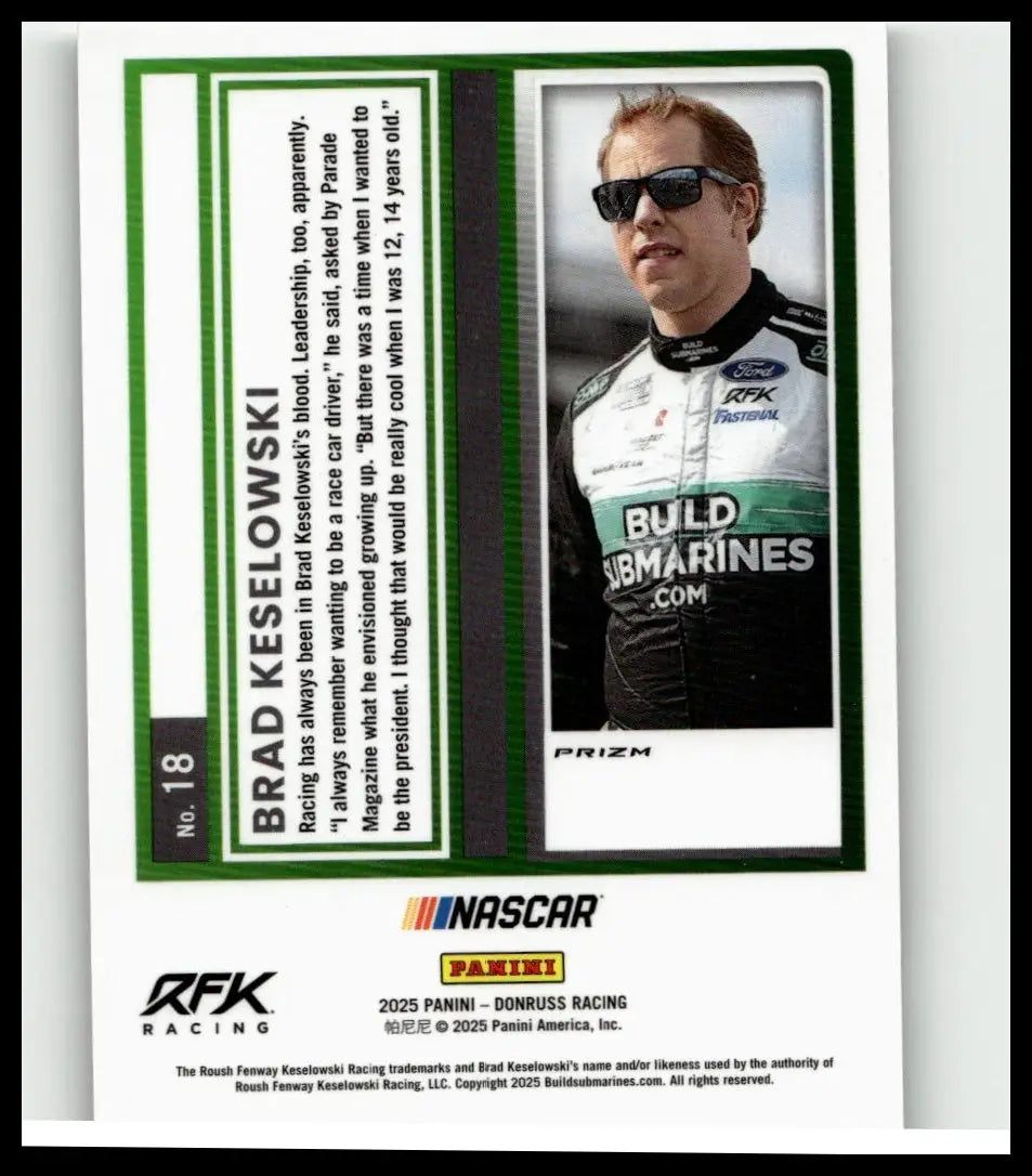 2025 donruss 18 brad keselowski optic holo trading card featuring portrait in black white and green racing suit with logos