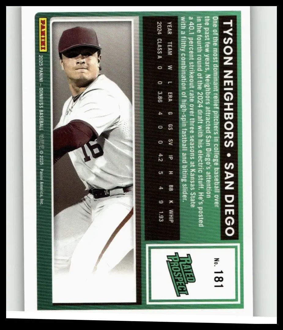 2025 Donruss green-bordered baseball card featuring Tyson Neighbors in San Diego uniform numbered 181 of 199