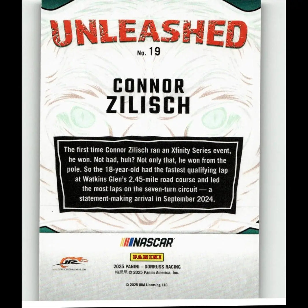 White and green 2025 donruss nascar trading card featuring connor zilisch unleashed number 19 zilisch unleashed