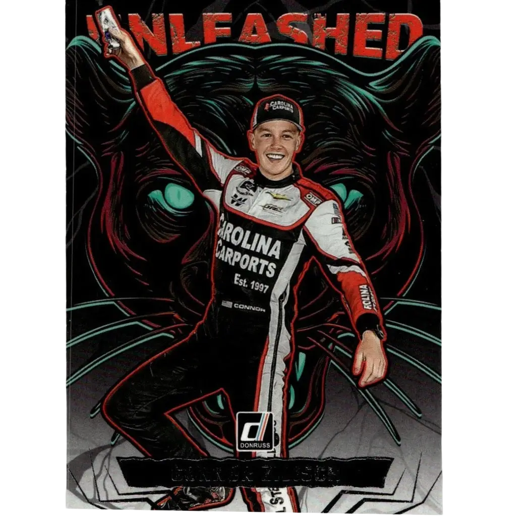 A vibrant 2025 donruss #19 trading card featuring connor zilisch unleashed in a black and red racing suit