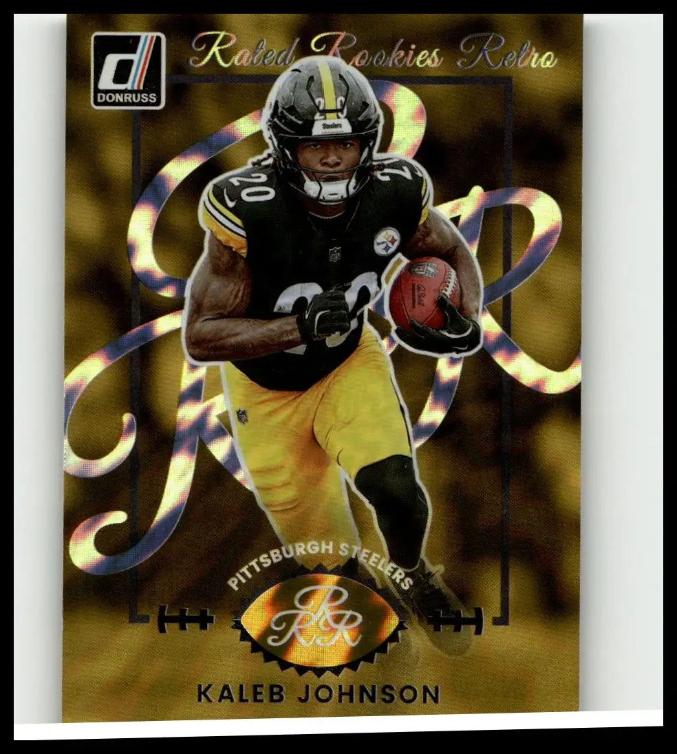 Black and gold 2025 donruss kaleb johnson rated rookies retro football trading card featuring johnson in action