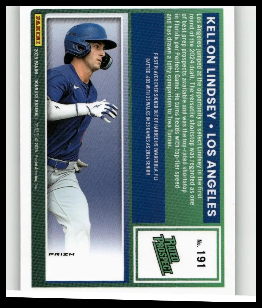 Blue helmeted baseball player trading card 2025 donruss 191 kellon lindsey optic holo in navy uniform and white gloves