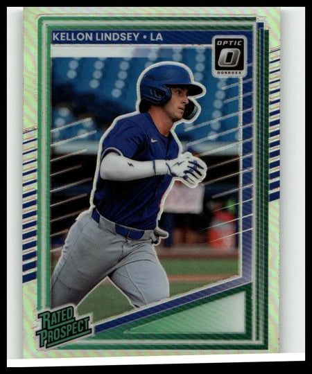 Blue helmet with black visor and ear flaps worn by kellon lindsey in 2025 donruss kellon lindsey optic holo card