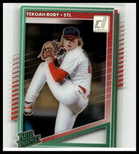 A green and red-bordered 2025 donruss baseball trading card featuring tekoah roby liberty in his st uniform
