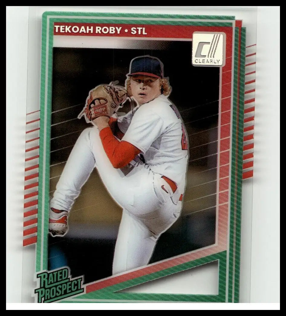 A green and red-bordered 2025 donruss baseball trading card featuring tekoah roby liberty in his st uniform