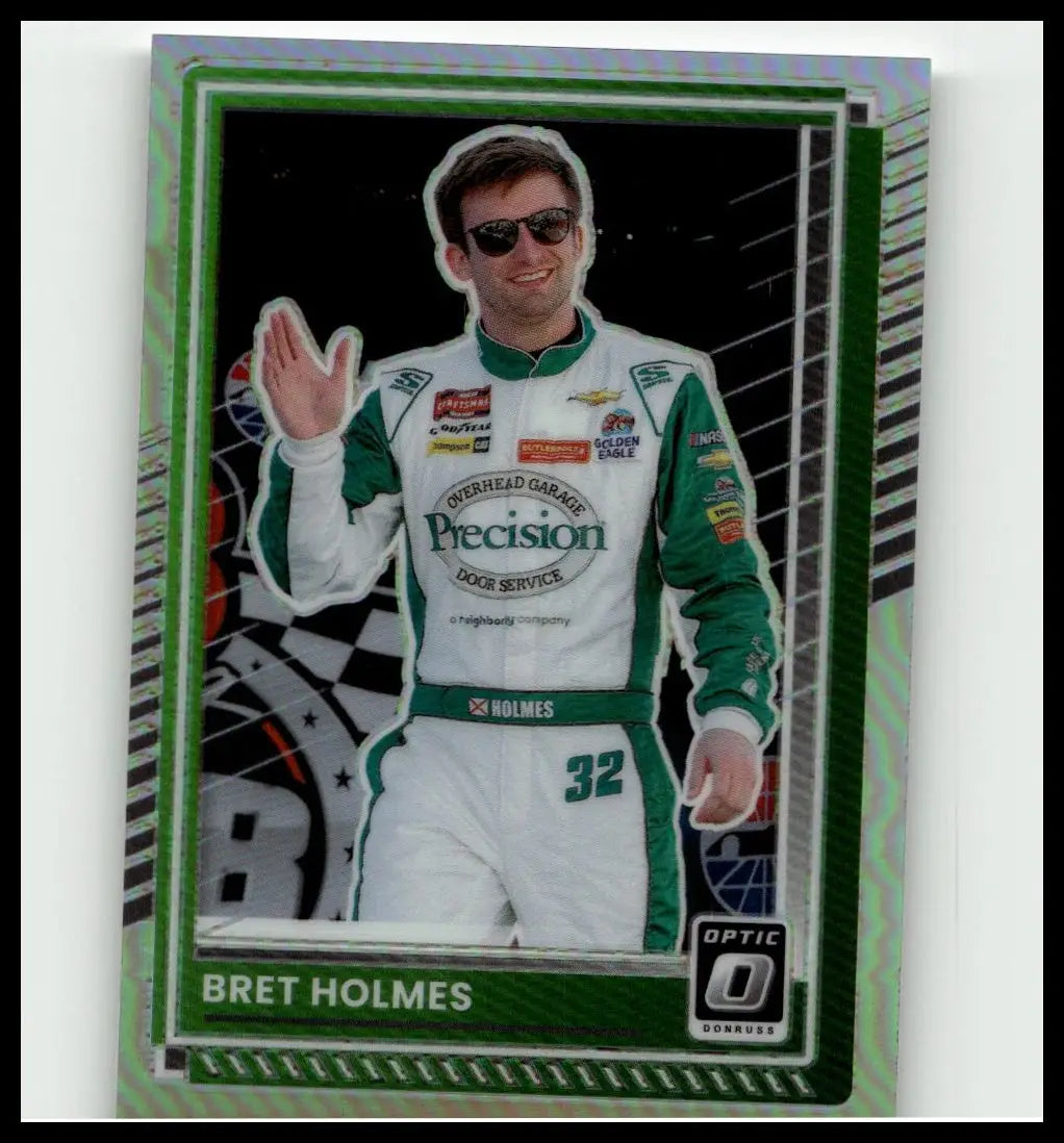 Green and white racing suit worn by bret holmes featuring precision door service logo and number 32 in 2025 donruss holmes optic