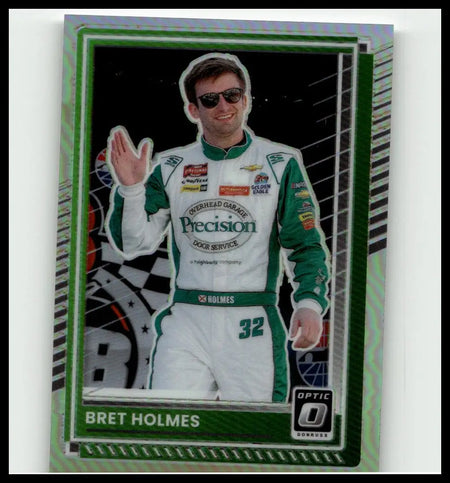 Green and white racing suit worn by bret holmes featuring precision door service logo and number 32 in 2025 donruss holmes optic