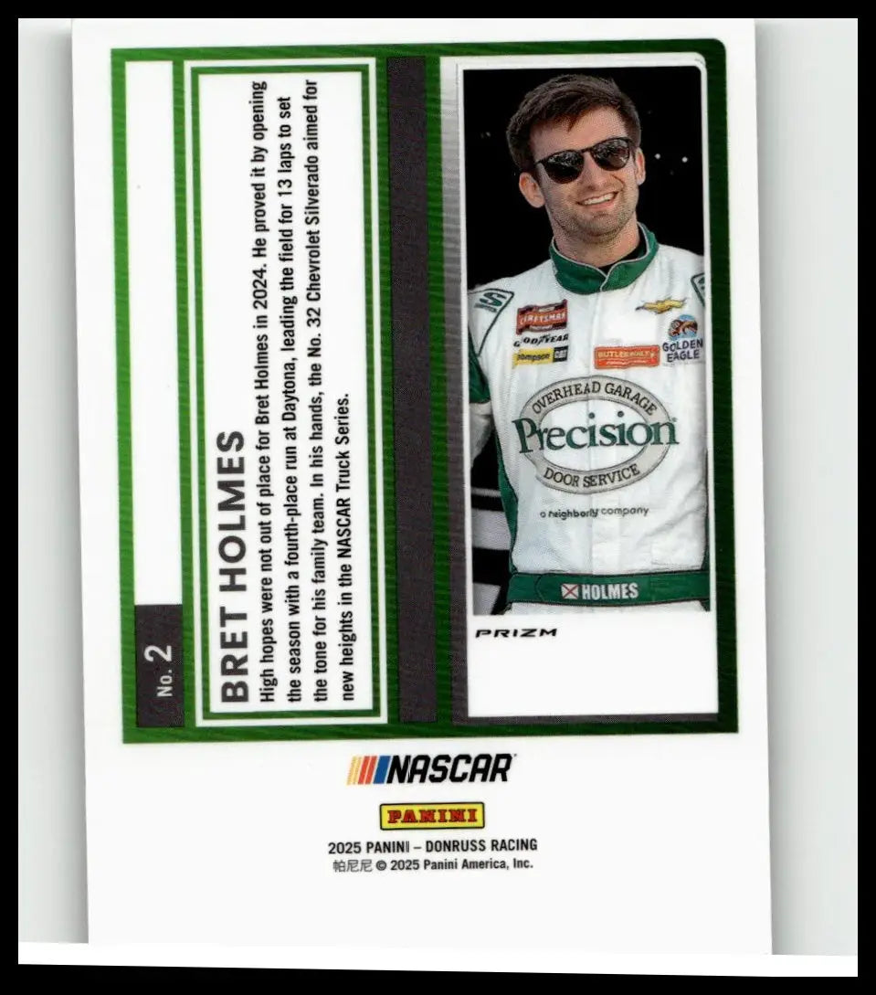 2025 donruss #2 bret holmes optic trading card featuring holmes in white and green racing suit with sponsor logos