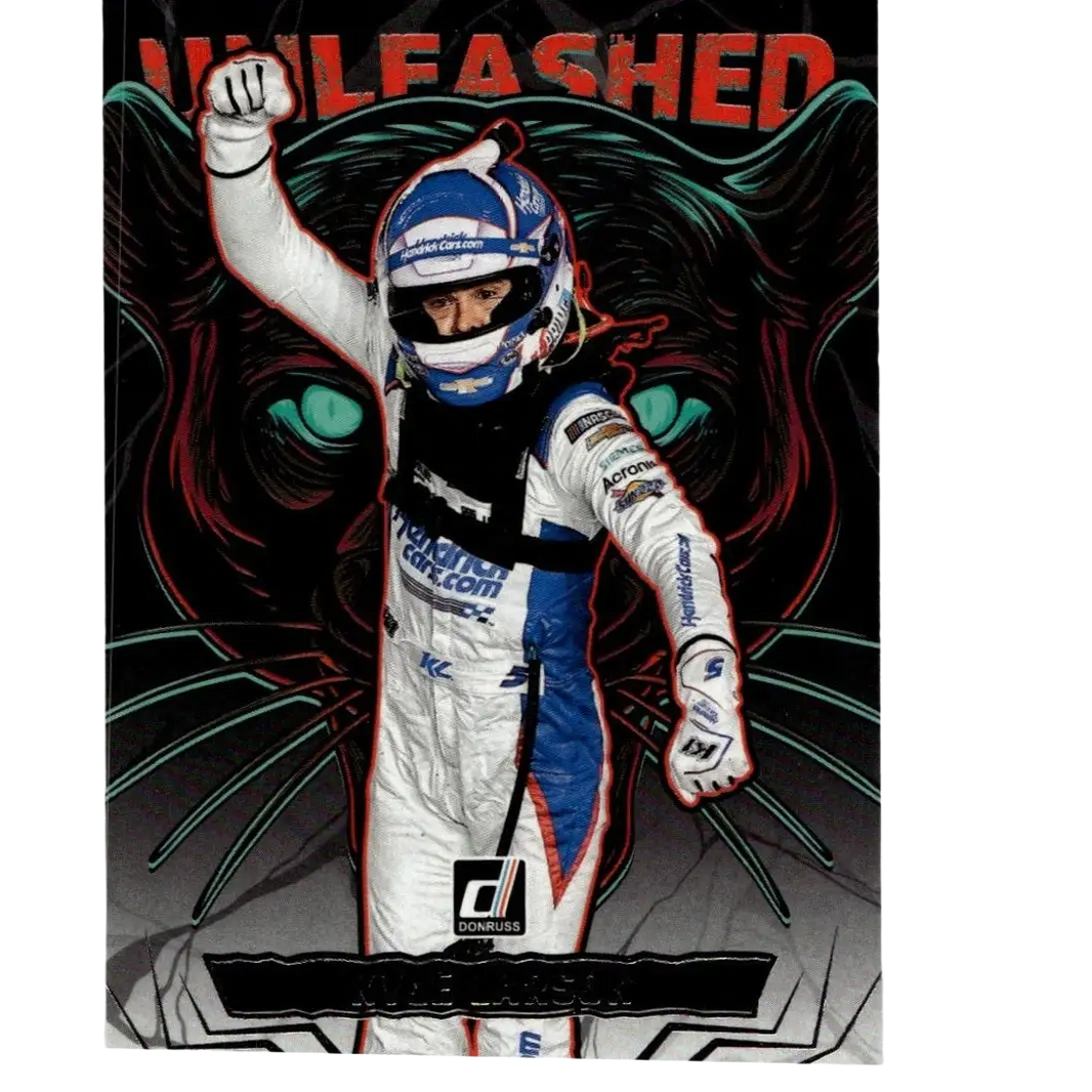 White and blue racing suit with red accents and sponsor logos featuring kyle larson unleashed and matching helmet