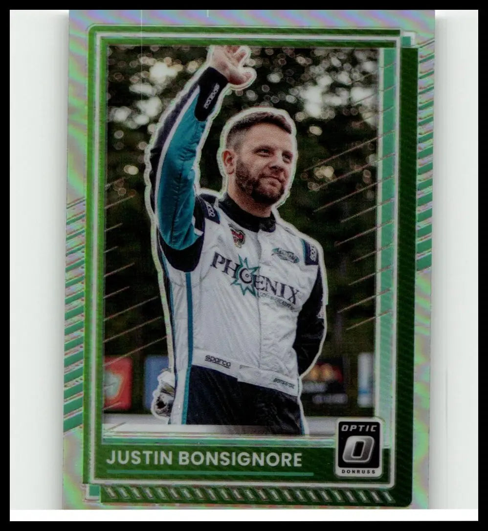 Green and silver iridescent border 2025 donruss justin bonsignore optic holo sports trading card in white and teal racing suit