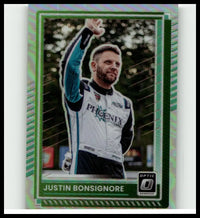 Green and silver iridescent border 2025 donruss justin bonsignore optic holo sports trading card in white and teal racing suit
