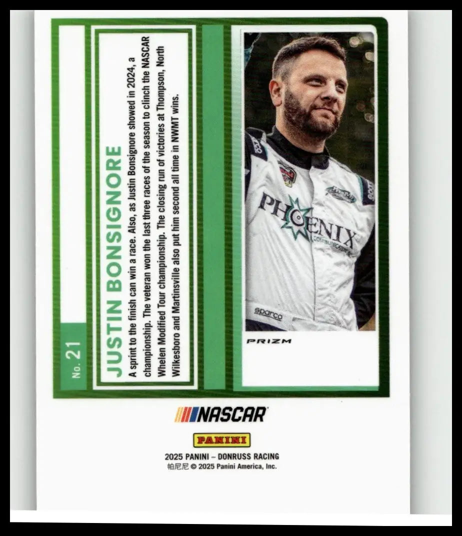 2025 donruss #21 justin bonsignore optic holo trading card featuring the driver in white and black phoenix racing uniform