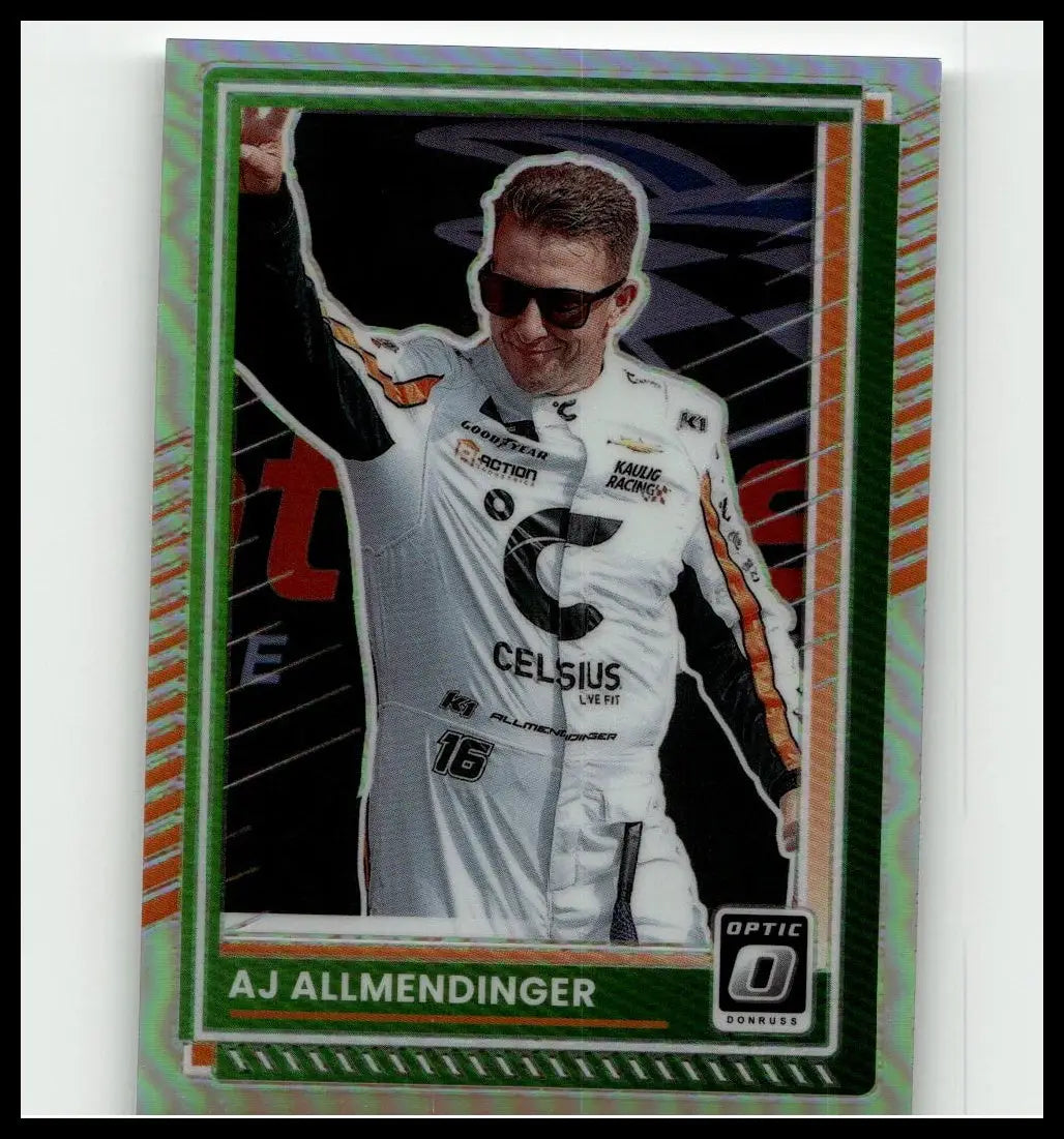 A white and orange racing suit worn by aj allmendinger with sponsor logos in 2025 donruss 25 allmendinger optic holo