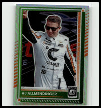 A white and orange racing suit worn by aj allmendinger with sponsor logos in 2025 donruss 25 allmendinger optic holo