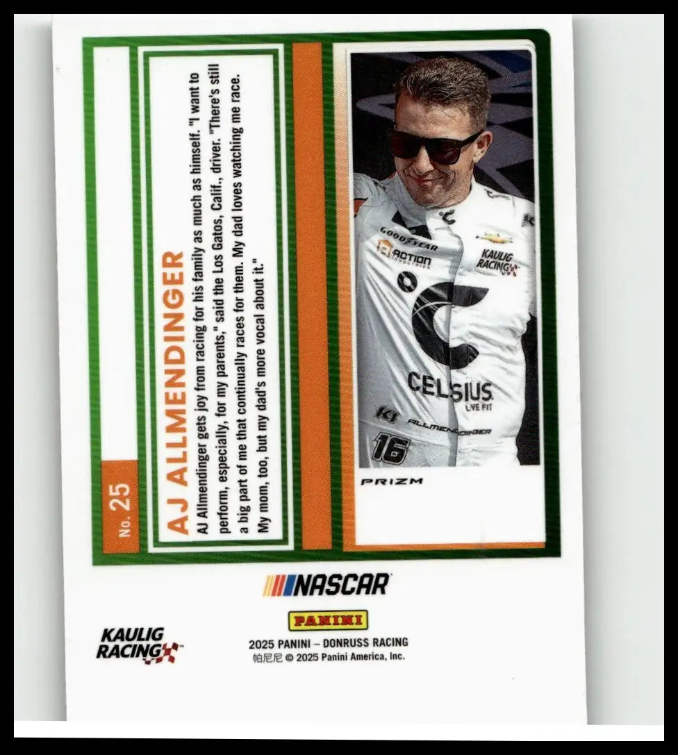 White racing suit with black and orange accents featuring goodyear and kaulig racing logos in allmendinger optic holo