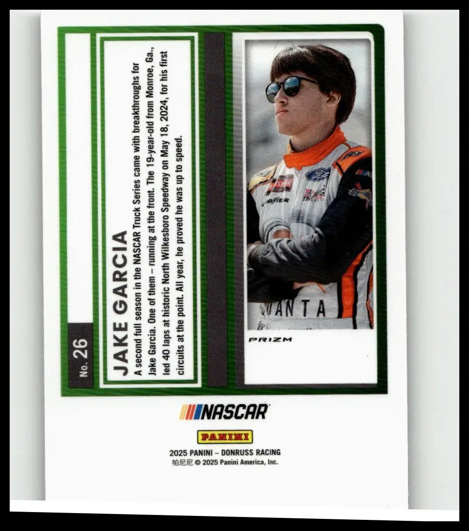 A green-bordered 2025 donruss jake garcia optic holo nascar trading card featuring garcia in an orange racing suit