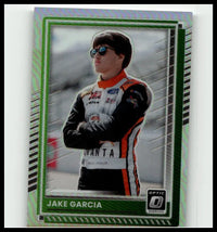 Green and silver bordered 2025 donruss jake garcia optic holo trading card featuring garcia in black orange racing suit