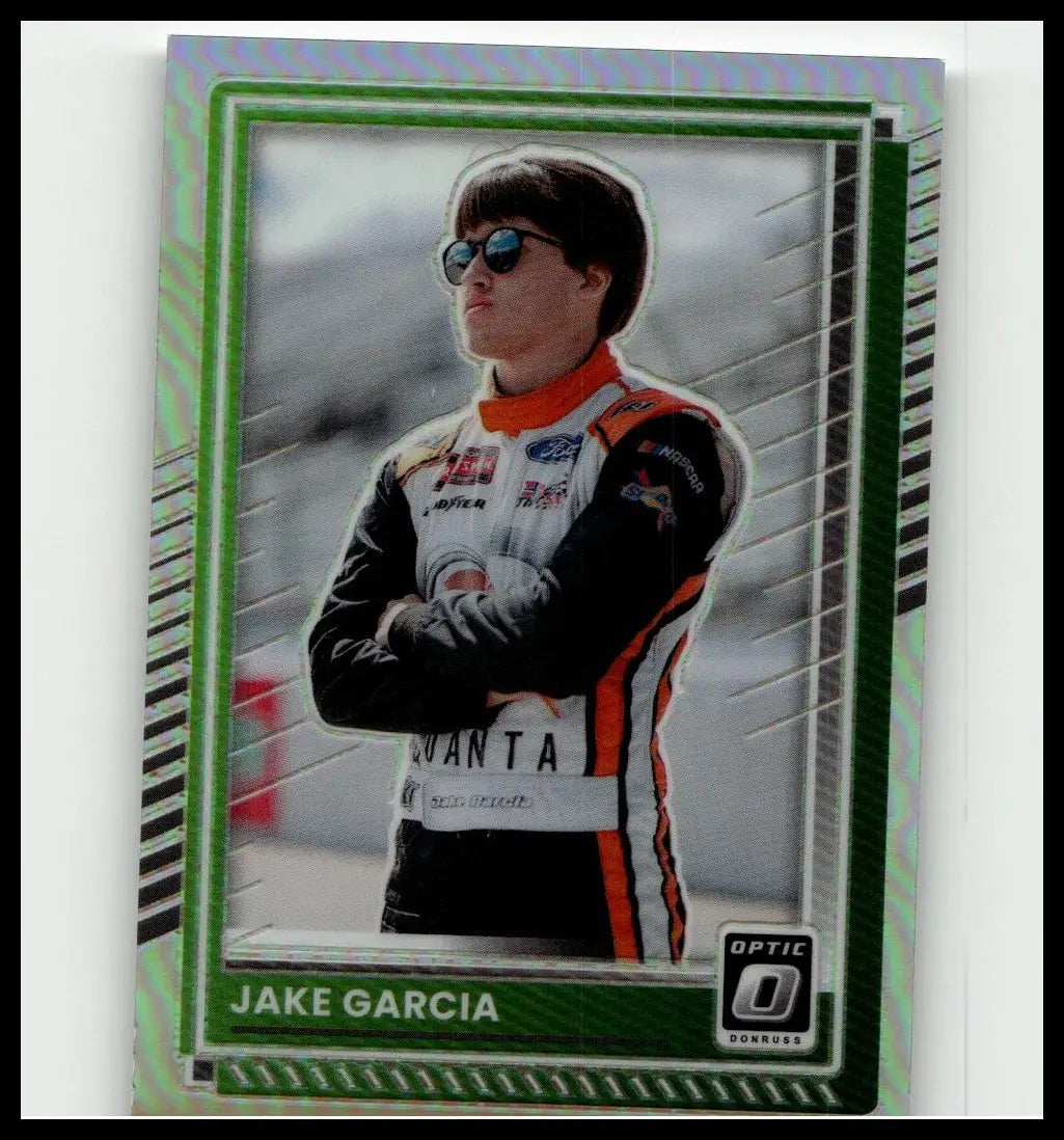 Green and silver bordered 2025 donruss jake garcia optic holo trading card featuring garcia in black orange racing suit