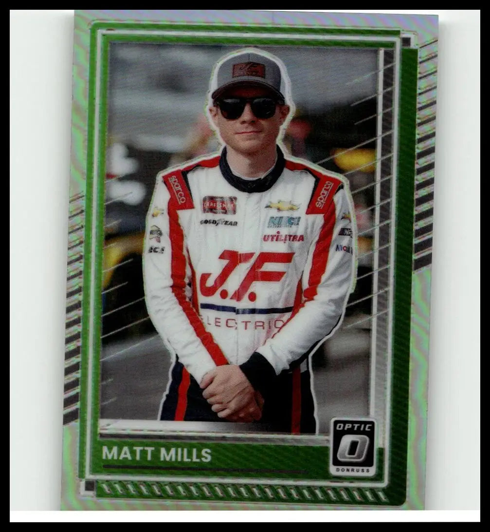 Green-bordered 2025 donruss #27 matt mills trading card featuring nascar driver in white red and black suit for toys & games