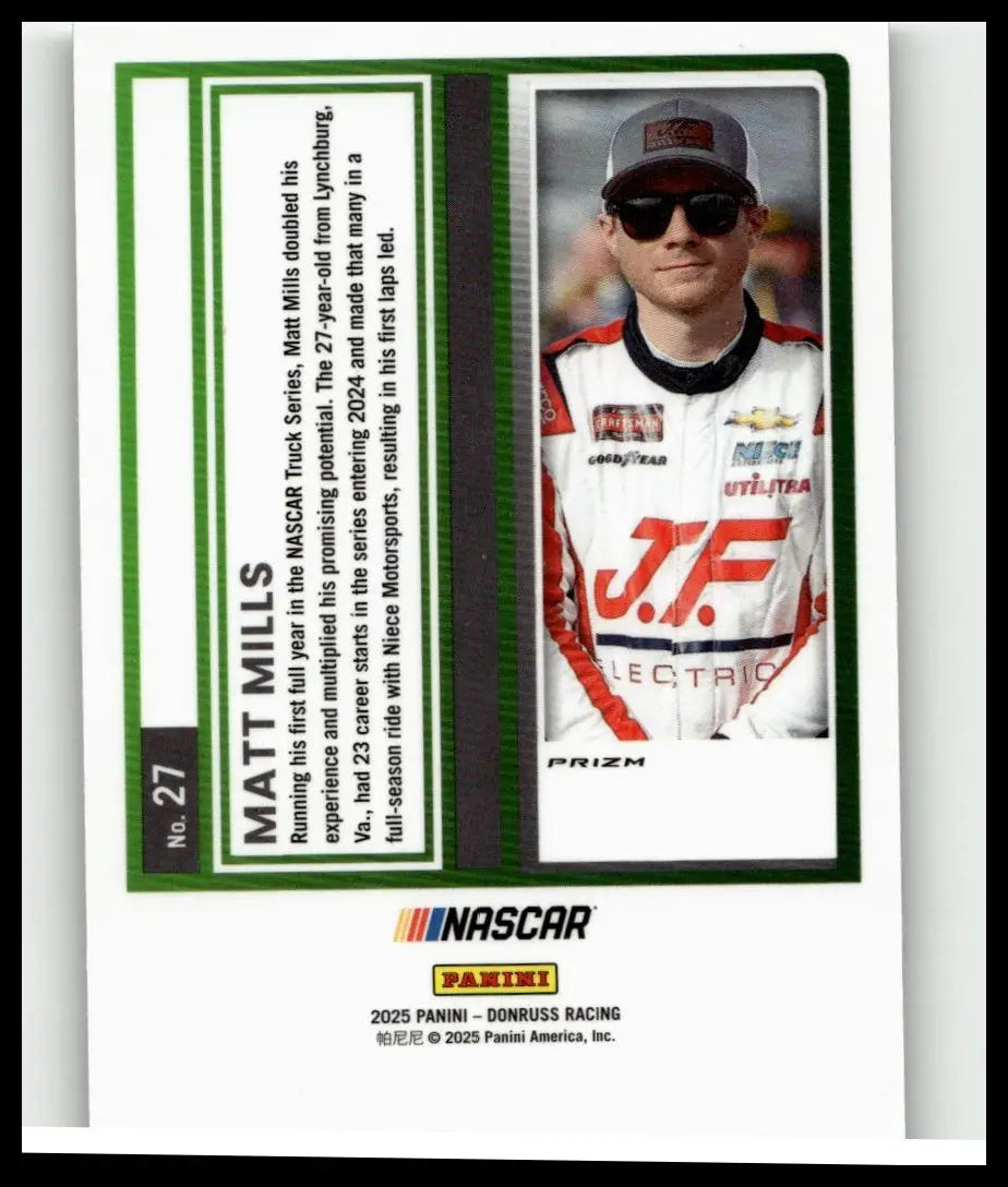 Matt Mills 2025 Donruss #27 NASCAR truck series trading card featuring white red black racing suit for toys & games