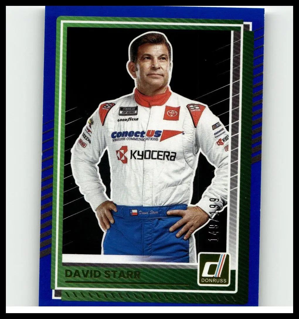 2025 donruss david starr blue racing suit card featuring a white and blue driver uniform with sponsor logos numbered out of 199