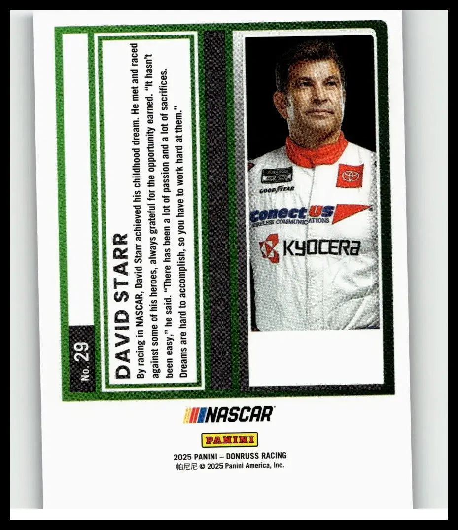 White racing suit with red collar and toyota emblem on chest from 2025 donruss david starr blue collectible