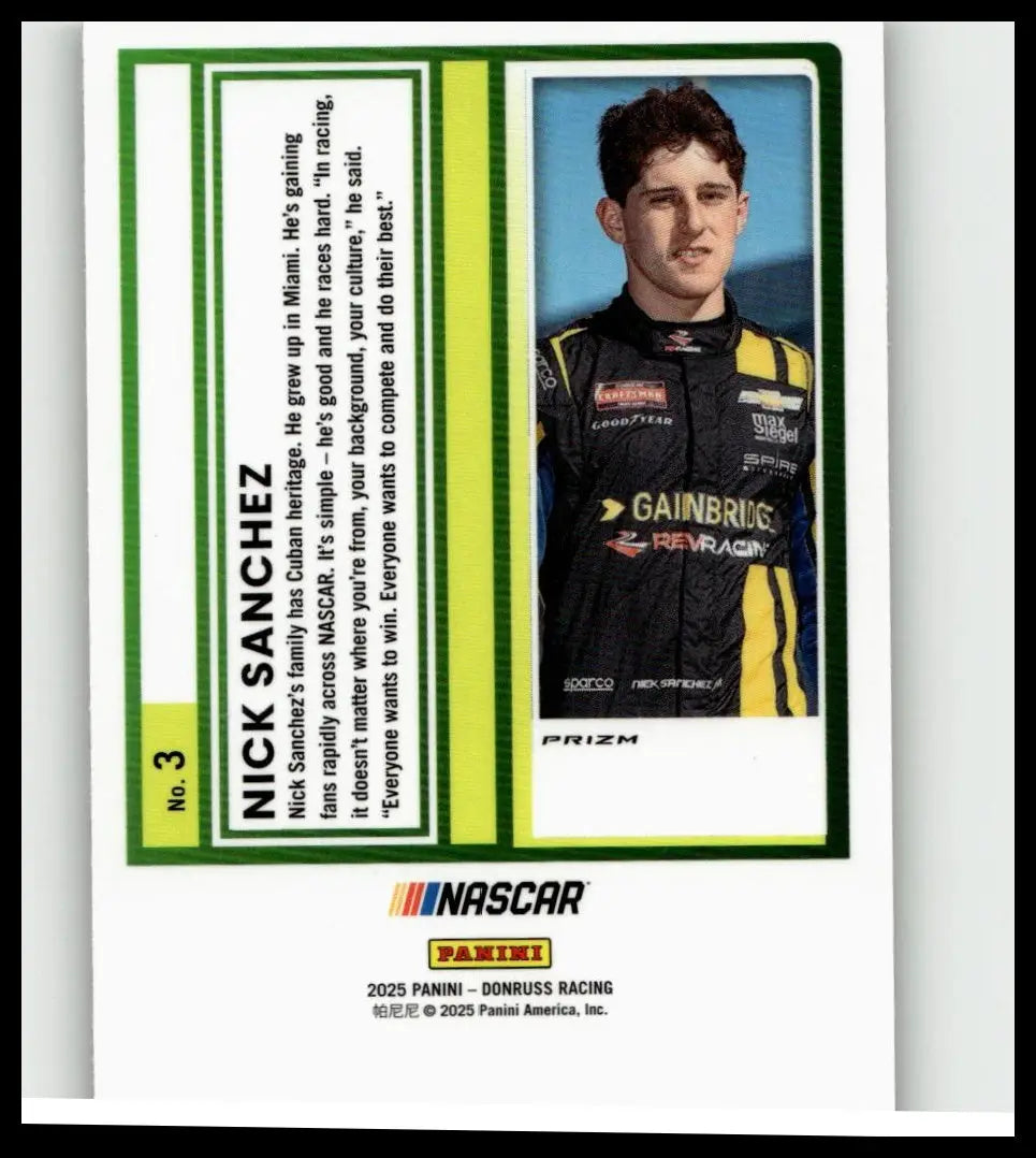 A green-bordered 2025 donruss nick sanchez optic trading card featuring sanchez in his black and yellow racing suit