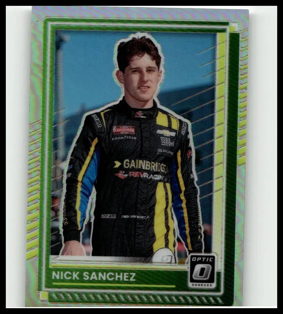 2025 donruss #3 nick sanchez optic card featuring a racing suit design in black yellow and blue with sponsor logos