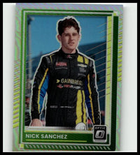 2025 donruss #3 nick sanchez optic card featuring a racing suit design in black yellow and blue with sponsor logos
