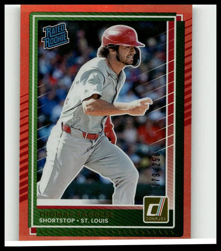Red helmeted thomas saggese baseball card 2025 donruss red edition with green and red border numbered to 250
