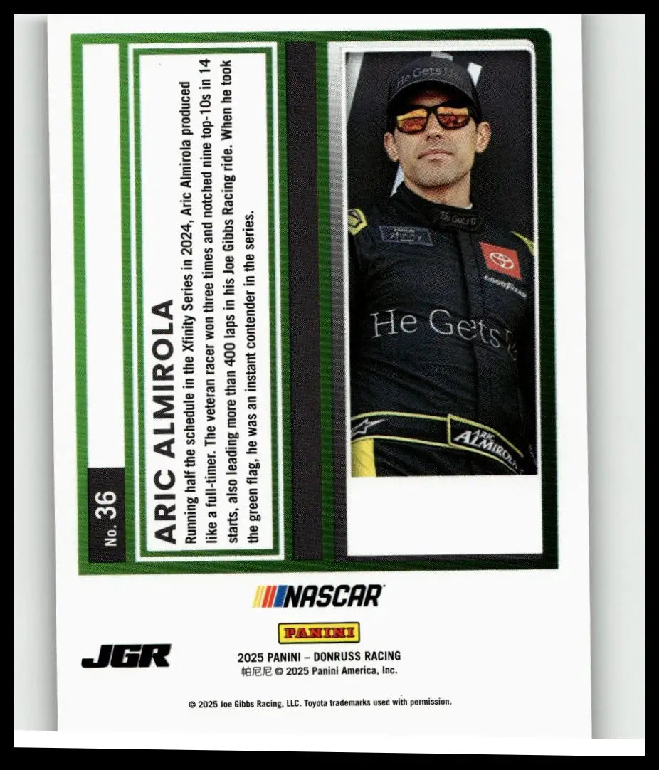 Black and yellow racing suit featuring aric almirola numbers with toyota logo and almirola name on front for 2025 donruss