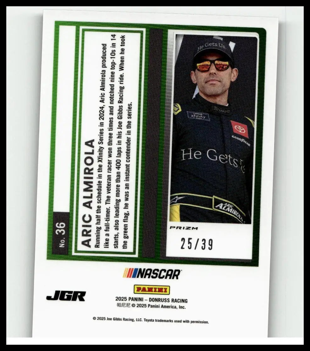 Black nascar trading card of aric almirola optic black velocity with green border from 2025 donruss series