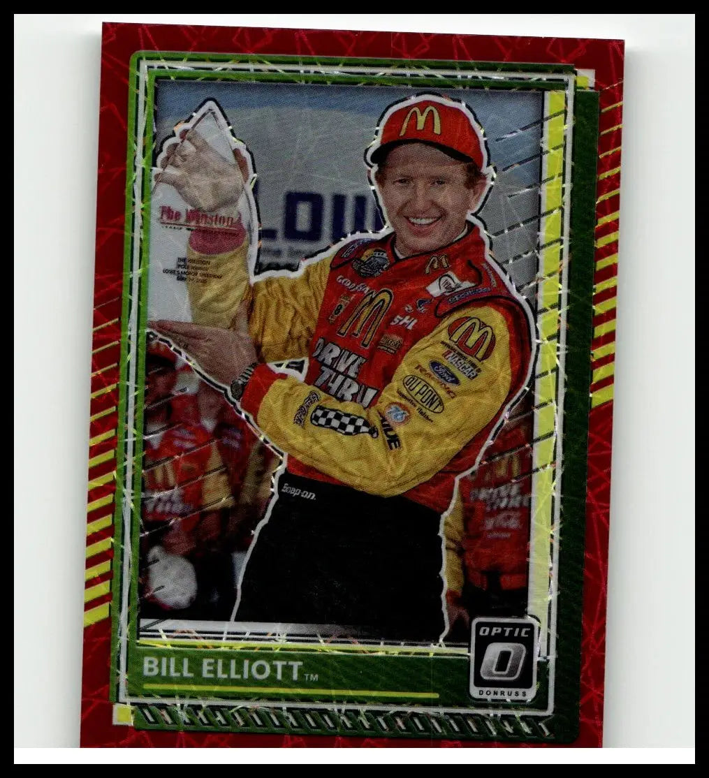 2025 donruss optic red velocity nascar trading card featuring bill elliott in mcdonalds racing suit red and yellow