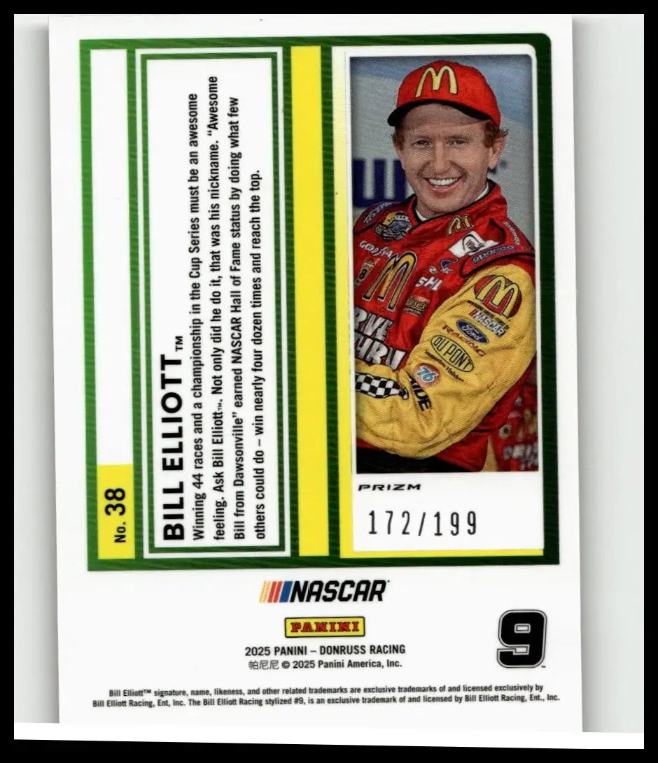 A 2025 donruss elliott optic red velocity nascar trading card featuring bill elliott in mcdonalds racing suit