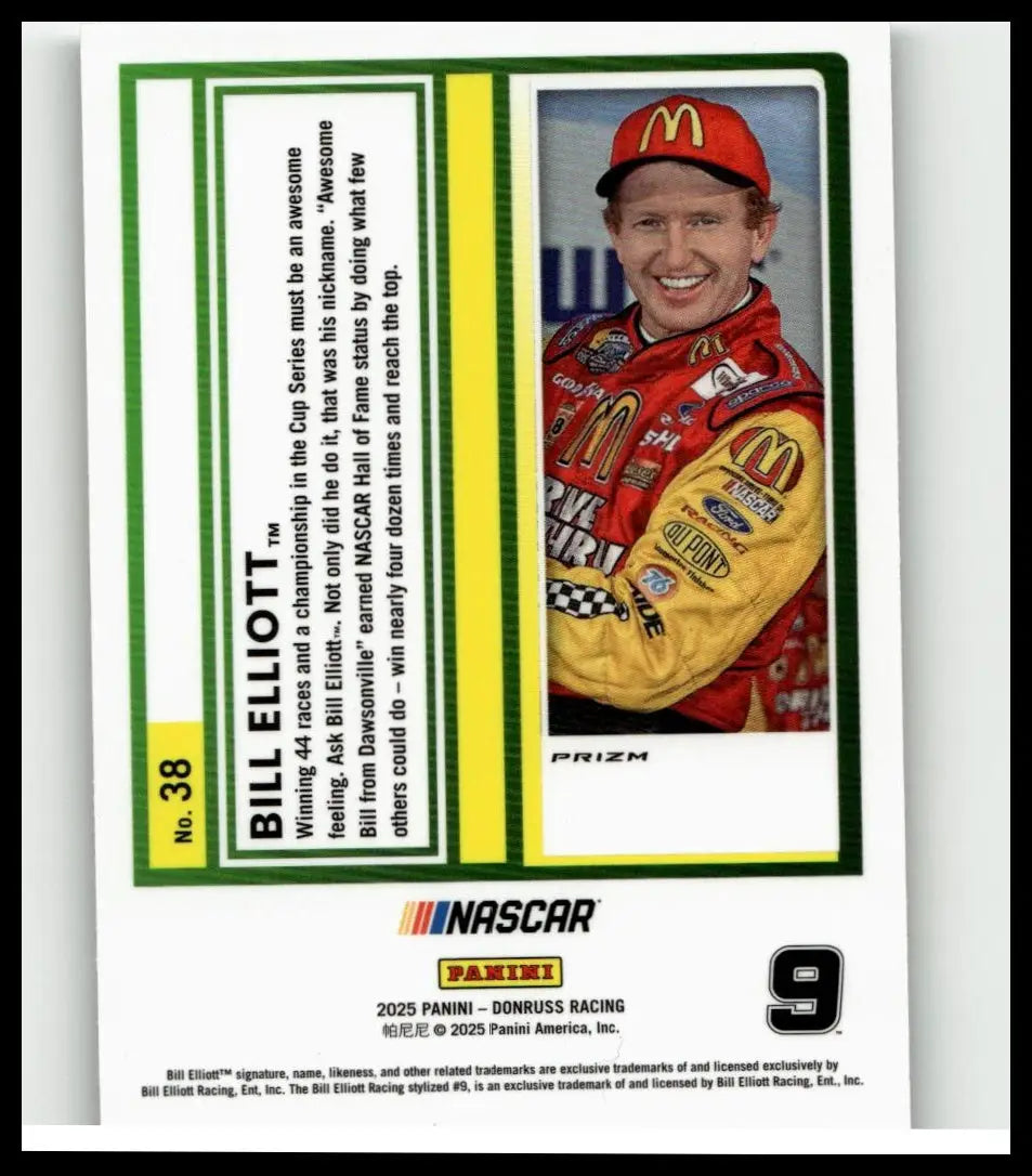 Red and yellow nascar racing jersey with mcdonalds branding from 2025 donruss #38 bill elliott optic toys and games collection